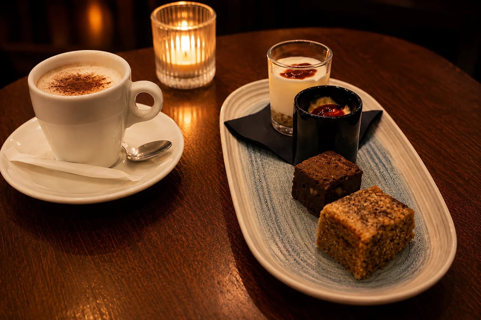 Café gourmand, mignardises maison et lumière de table