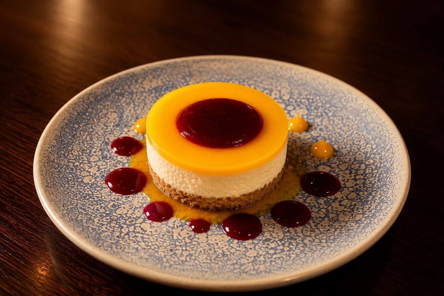 Cheesecake mangue, coulis fruité et assiette dressée